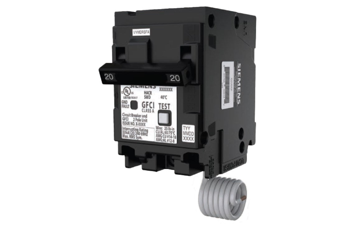 Siemens Q220GF 2-Pole 20A GFCI Circuit Breaker.