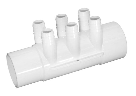 Gentekk Spa Jet Manifold, Flow Thru, 2" x 2" Spig, six 3/4" Barbed ports, 2 3/4" Plugs (WM2XSP-6)
