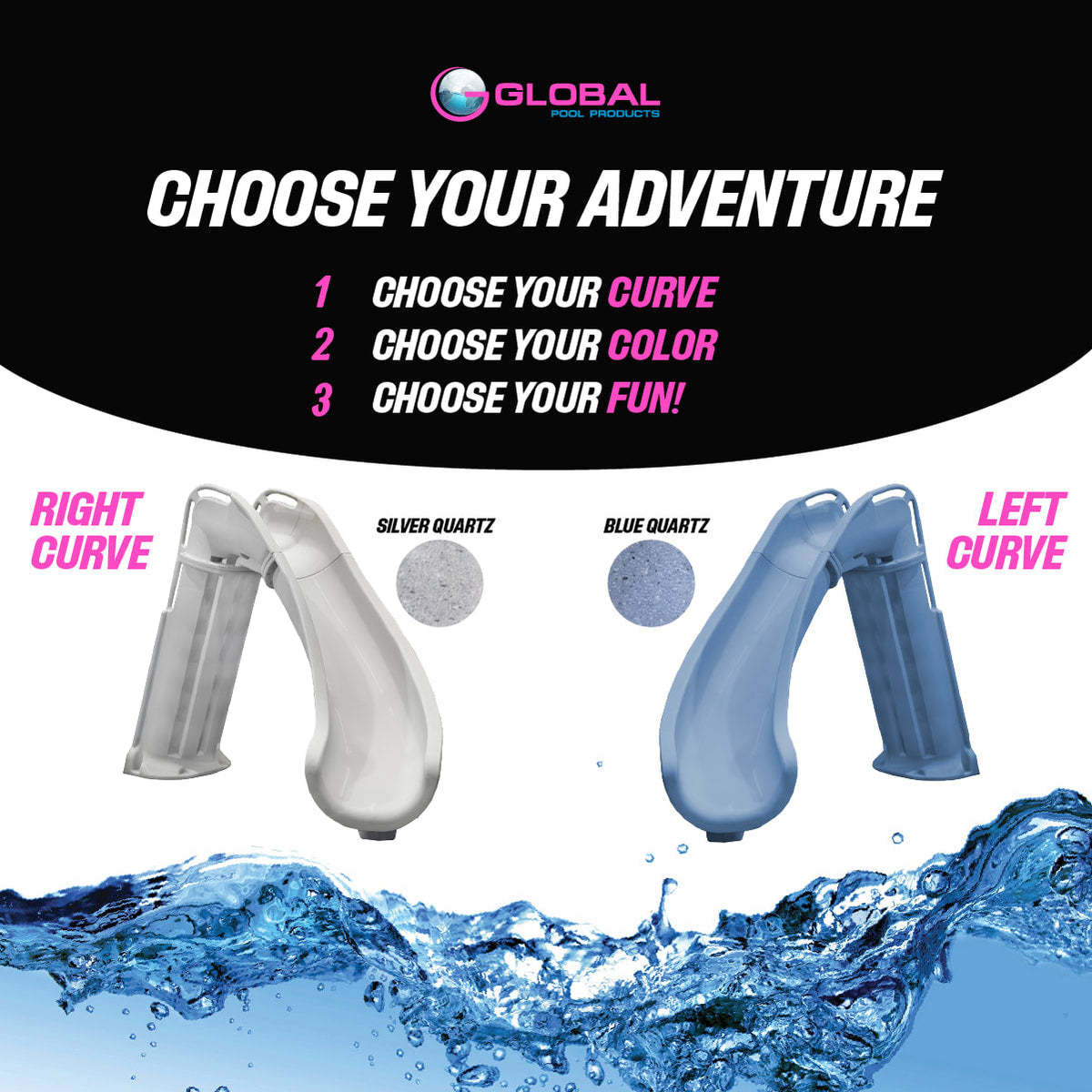 Global Pool Products GPP Bad Axe X7 Pool Slide Blue Quartz, Left, 7'4" x 9'2" - GPPS-BAX7-BQ-L